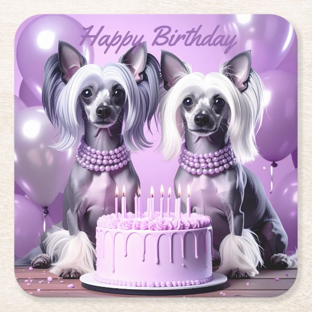 Porta-copo De Papel Quadrado Chinese Crested Birthday (Frente)