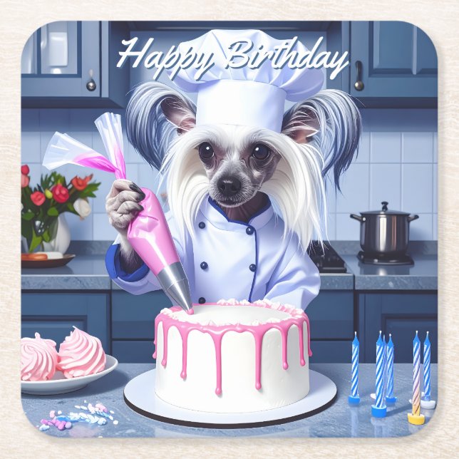 Porta-copo De Papel Quadrado Chinese Crested Birthday (Frente)