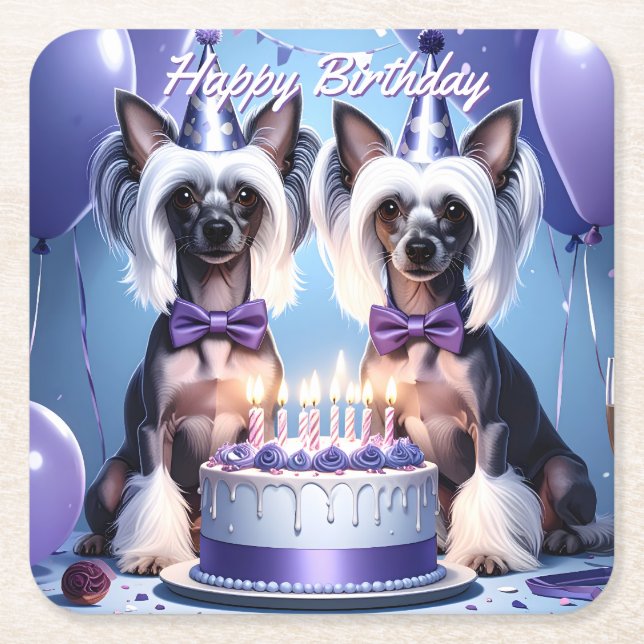 Porta-copo De Papel Quadrado Chinese Crested Birthday (Frente)