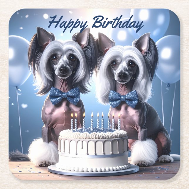 Porta-copo De Papel Quadrado Chinese Crested Birthday (Frente)