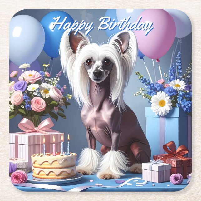 Porta-copo De Papel Quadrado Chinese Crested Birthday (Frente)