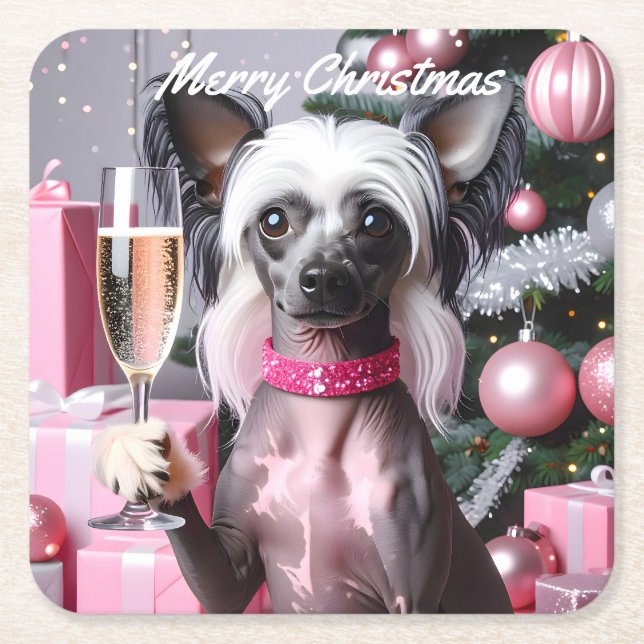 Porta-copo De Papel Quadrado Chinese Crested Christmas (Frente)
