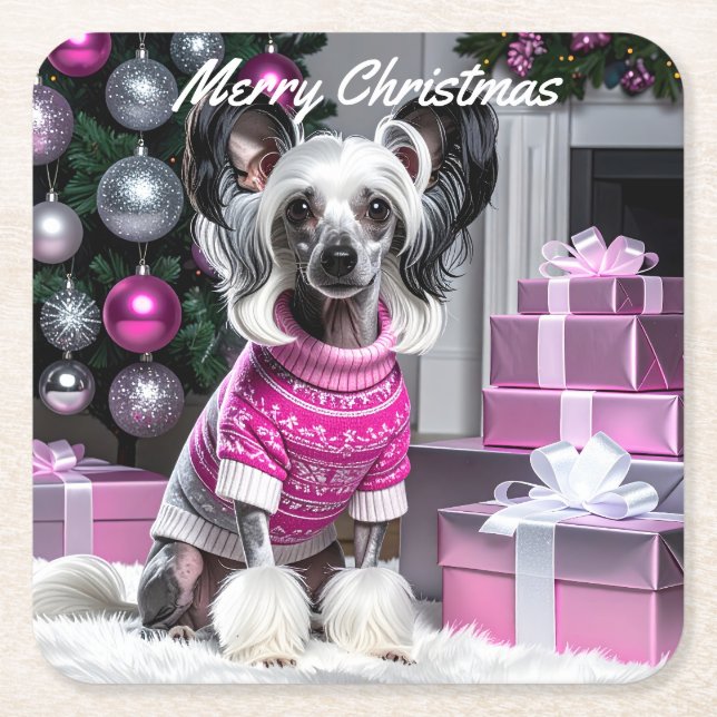 Porta-copo De Papel Quadrado Chinese Crested Christmas (Frente)