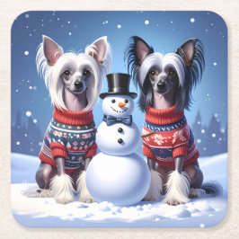 Porta-copo De Papel Quadrado Chinese Crested Dogs & Snowman