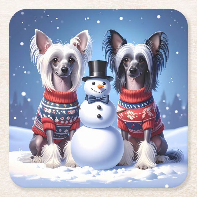 Porta-copo De Papel Quadrado Chinese Crested Dogs & Snowman (Frente)
