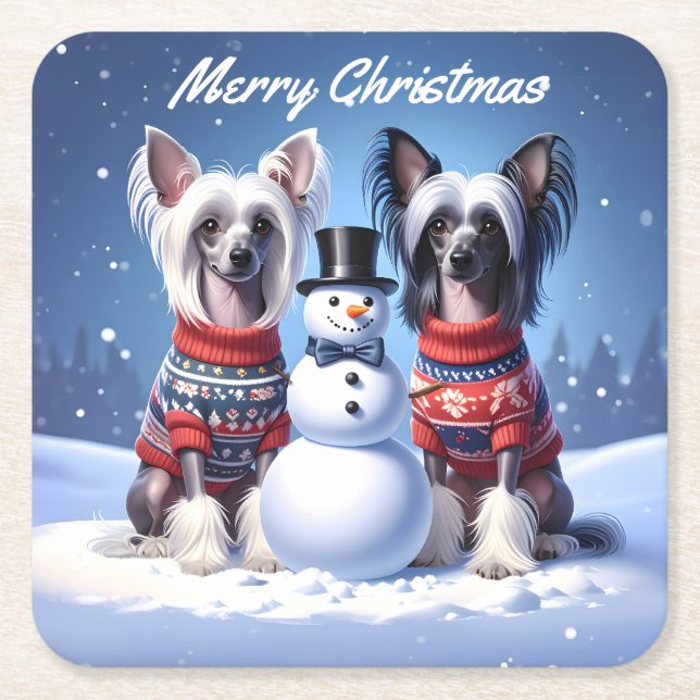 Porta-copo De Papel Quadrado Chinese Crested Dogs & Snowman Christmas (Frente)