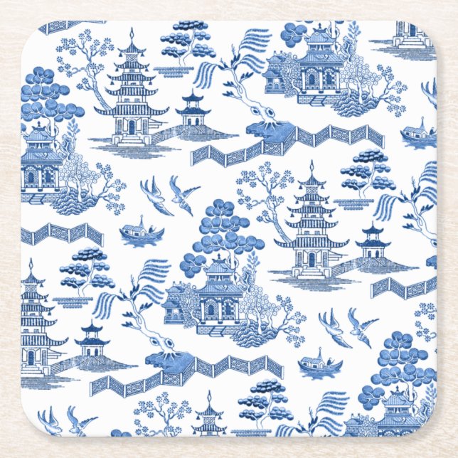 Porta-copo De Papel Quadrado Chinoiserie Blue Willow pattern  (Frente)