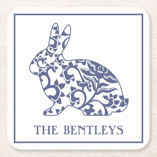 Porta-copo De Papel Quadrado Chinoiserie Bunny Rabbit Paper Portas copos (Frente)