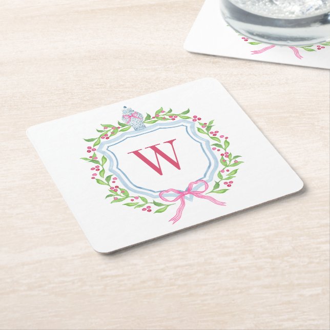 Porta-copo De Papel Quadrado Chinoiserie Ginger Jar Monograma Crest (Inclinado)