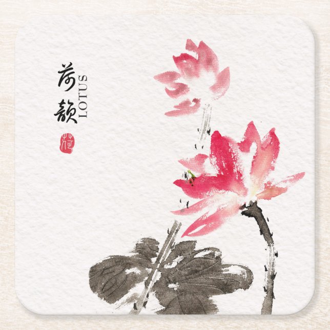 Porta-copo De Papel Quadrado Chinoiserie Solta Aquarela Flores de Lotus (Frente)