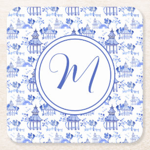 Porta-copo De Papel Quadrado Chinoiserie Watercolor Pagoda Patterna Monograma