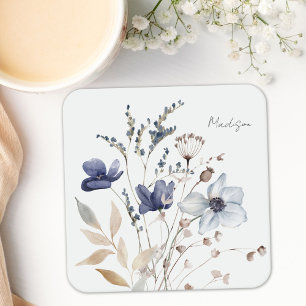 Porta-copo De Papel Quadrado Chique com Monograma Floral Azul em Aquarela