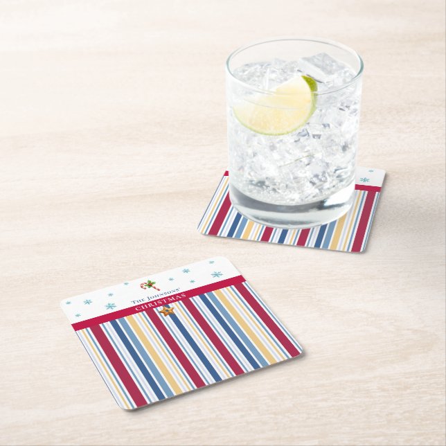 Porta-copo De Papel Quadrado Christmas Coasters – Blue, Red & Gold Stripes (Insitu)