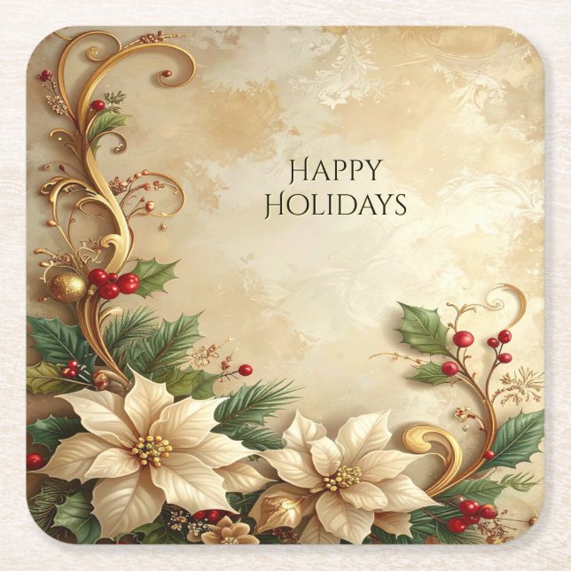 Porta-copo De Papel Quadrado Christmas Floral Holiday Paper Coaster (Frente)