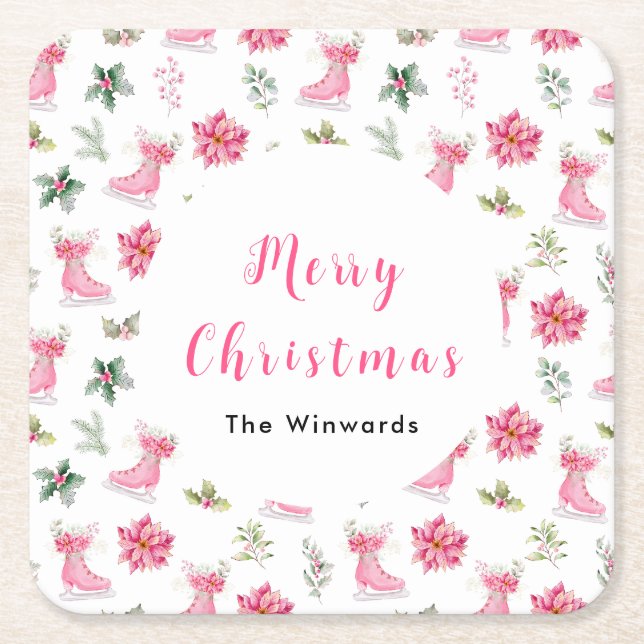 Porta-copo De Papel Quadrado Christmas Floral Pink Ice Skates Merry Christmas (Frente)