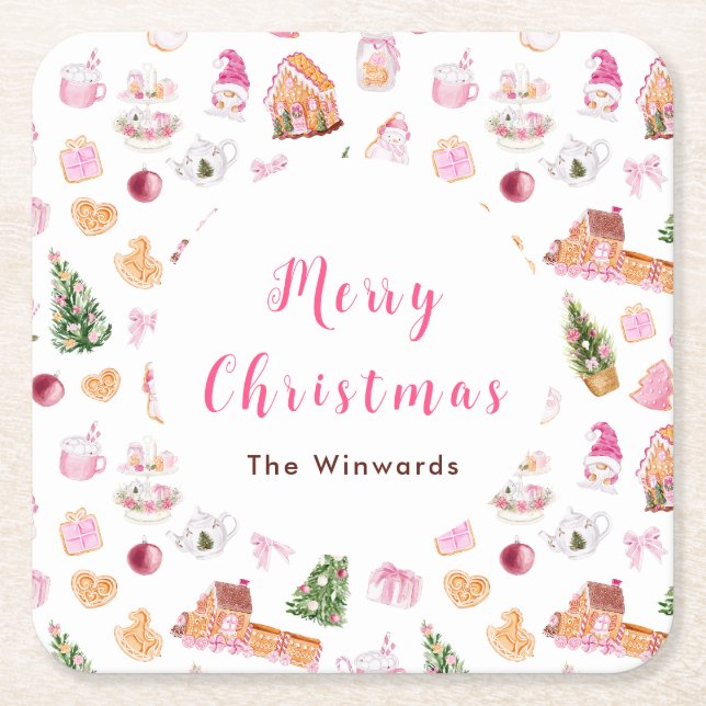 Porta-copo De Papel Quadrado Christmas Gingerbread Pink Merry Christmas (Frente)