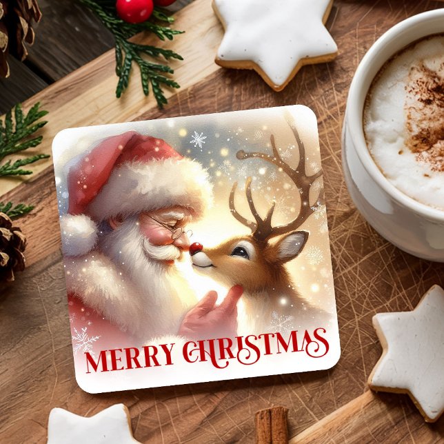 Porta-copo De Papel Quadrado Christmas Paper Coasters Santa Claus and Rudolph (Christmas Paper Coasters with Santa Claus and Rudolph)