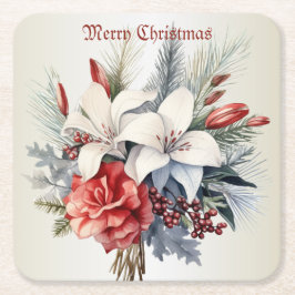 Porta-copo De Papel Quadrado Christmas Party White Red Flowers Holidays Elegant