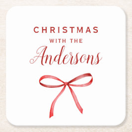 Porta-copo De Papel Quadrado Christmas red bow monogram