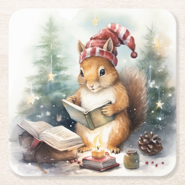 Porta-copo De Papel Quadrado Christmas Squirrel reading (Frente)