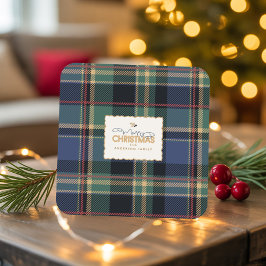 Porta-copo De Papel Quadrado Christmas Tartan Navy Blue Green ID1141B