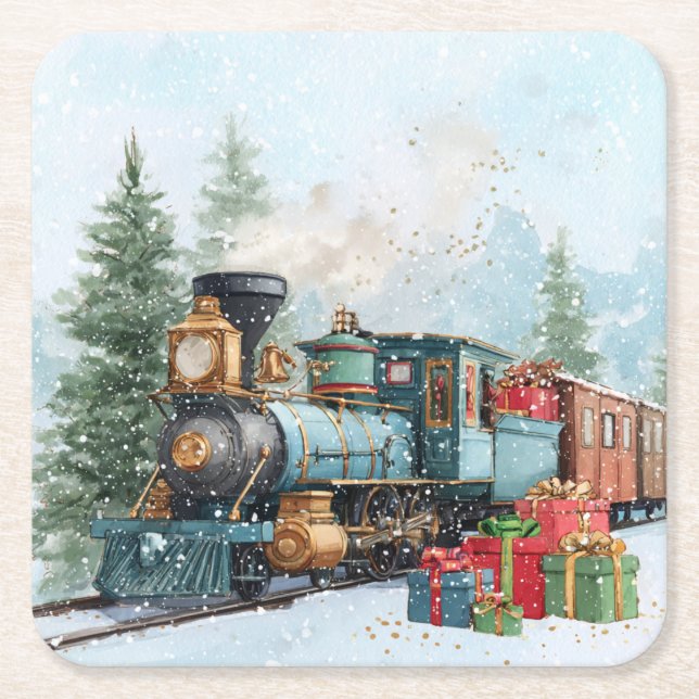 Porta-copo De Papel Quadrado Christmas Train (Frente)
