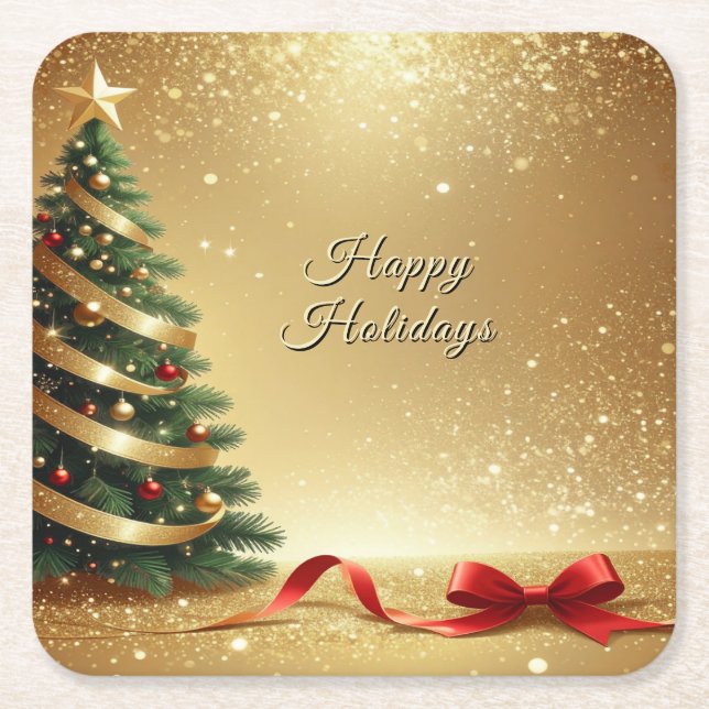 Porta-copo De Papel Quadrado Christmas Tree Ribbons Holiday Paper Coaster (Frente)