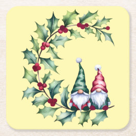 Porta-copo De Papel Quadrado Christmas Watercolor Gnomes Sitting On Holly Twig