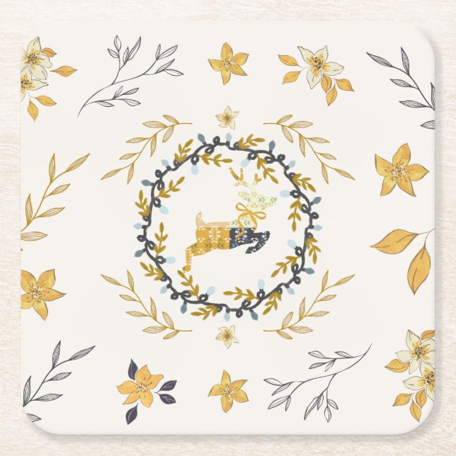 Porta-copo De Papel Quadrado Christmastime Deer Yellow Cream Floral (Frente)