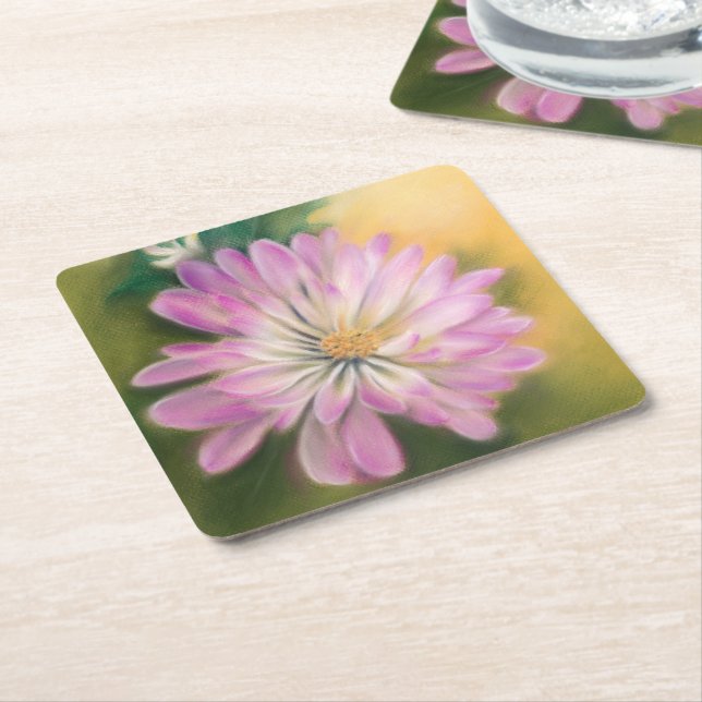 Porta-copo De Papel Quadrado Chrysanthemum Pink e Creme Floral Pastel (Inclinado)