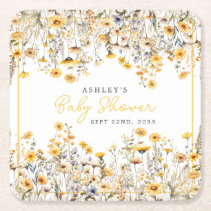 Porta-copo De Papel Quadrado Chuva de Bebê em Aquarela Boho com Flor Silvestre