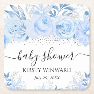 Porta-copo De Papel Quadrado Chuva de Flores Azul Bebê em Aquarela para Chá de