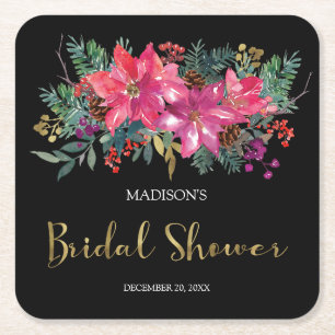 Porta-copo De Papel Quadrado Chuva de Noiva de Natal com Poinsettia Rosa