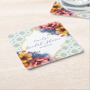 Porta-copo De Papel Quadrado Chuva de Noiva Floral Azul Mediterrâneo