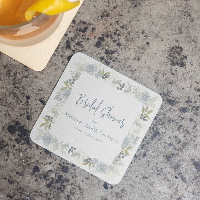 Porta-copo De Papel Quadrado Chuva de Noiva Floral Azul Roteiro Personalizado (Bridal shower blue floral custom coaster)