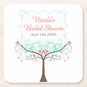 Porta-copo De Papel Quadrado Chuva de Noiva Floral de Hortelã e Coral com Pássa
