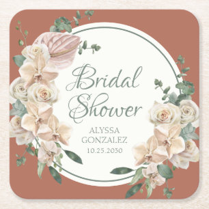 Porta-copo De Papel Quadrado Chuva de Noiva Floral Tropical Aquarela