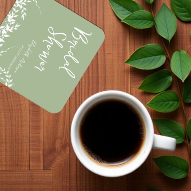 Porta-copo De Papel Quadrado Chuva de Noiva Folhas Botânicas Verde Salvia (Criador carregado)