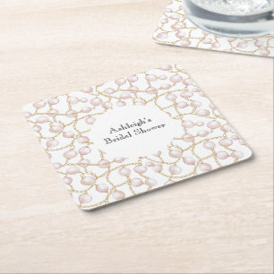 Porta-copo De Papel Quadrado Chuva de Noiva Pérolas Glam Rosa Dourado