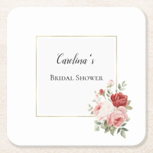 Porta-copo De Papel Quadrado Chuva Nupcial Floral de Rosas Vermelhas Rosadas em