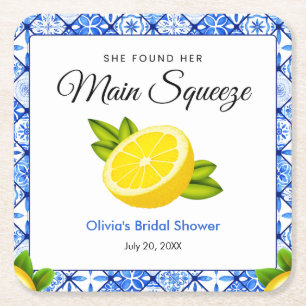 Porta-copo De Papel Quadrado Chuveiro de Noiva Blue Tile She Found Her Main Squ