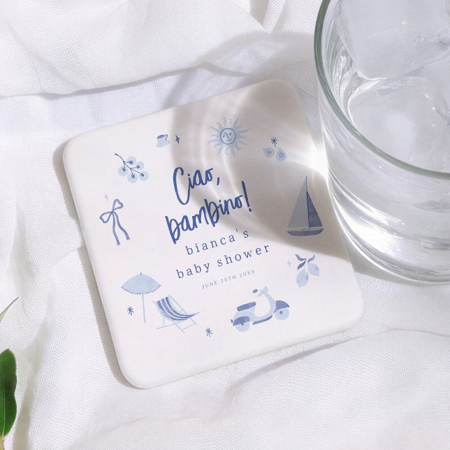 Porta-copo De Papel Quadrado Ciao Bambino Italian Blue Boy Baby Shower (Criador carregado)