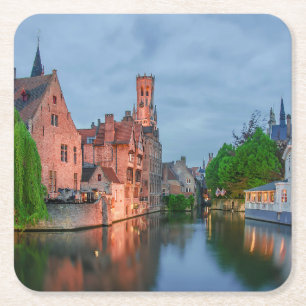 Porta-copo De Papel Quadrado Cidade antiga e torre de Belfry à noite em Bruges