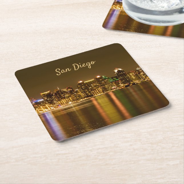 Porta-copo De Papel Quadrado Cidade Skyline Night California San Diego (Inclinado)