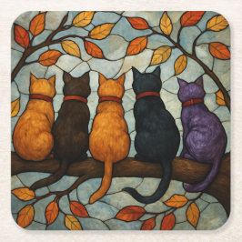 Porta-copo De Papel Quadrado Cinco Gatos em um Galho de Árvore Estilo Vidro Col
