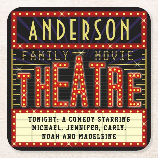 Porta-copo De Papel Quadrado Cinema em casa da Marquee do Cinema | Nome persona (Frente)