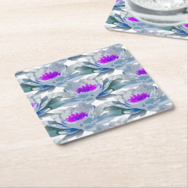 Porta-copo De Papel Quadrado Cinza e padrão de flores roxas