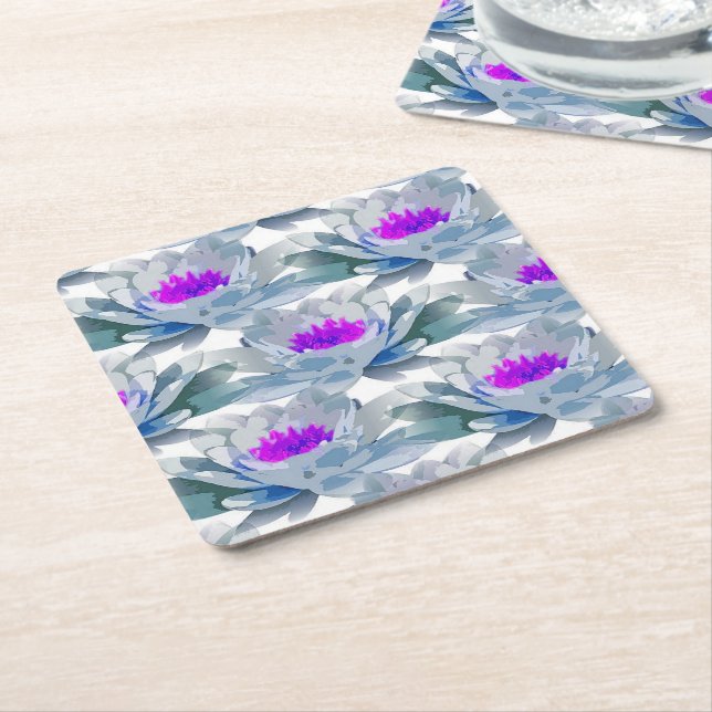 Porta-copo De Papel Quadrado Cinza e padrão de flores roxas (Inclinado)