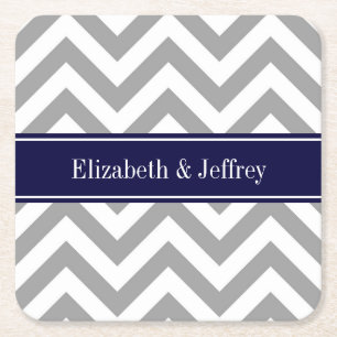 Porta-copo De Papel Quadrado Cinza Escura Lg Marinho Chevron Nome Azul Monogram