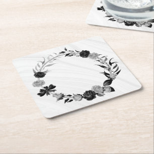 Porta-copo De Papel Quadrado cinza prata elegante e floral preto